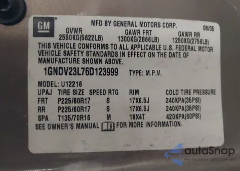 2006 Chevrolet Uplander Ls from USA, damaged, VIN 1GNDV23L76D123999